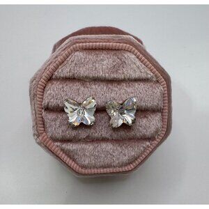 Vintage Unsigned Glass Ravioli Butterfly Pierced Earrings Clear Crystal